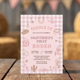 Gingham Pink Girl My First Rodeo Cowgirl Birthday Invitation