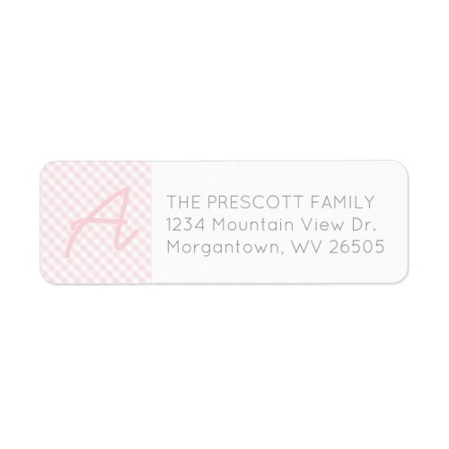 Gingham pink initial baby shower return address label