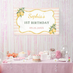 Gingham Pink Lemon Themed 1st Birthday Banner