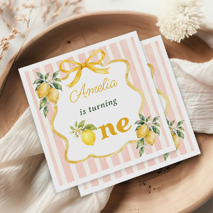 Gingham Pink Lemon Themed 1st Birthday Napkins