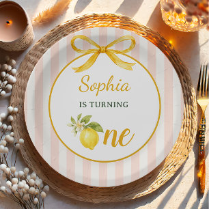 Gingham Pink Lemon Themed 1st Birthday Paper Plates