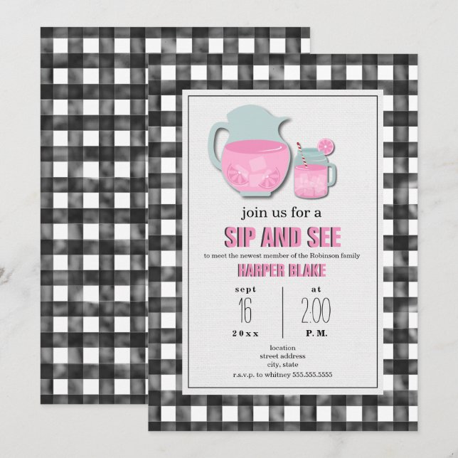 Gingham Pink Lemonade Sip & See Baby Invitation (Front/Back)