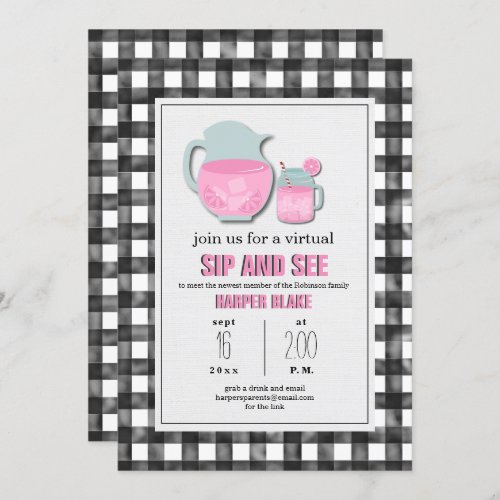 Gingham Pink Lemonade Virtual Sip  See Baby Invitation