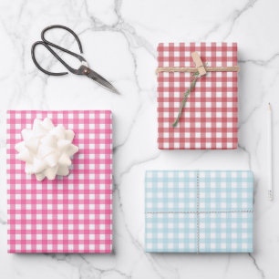 Gingham Pink Red Blue & White Trendy Plaid Pattern Wrapping Paper Sheets