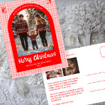 Gingham Pink Red Christmas Custom Arch 3 Photo  Holiday Postcard