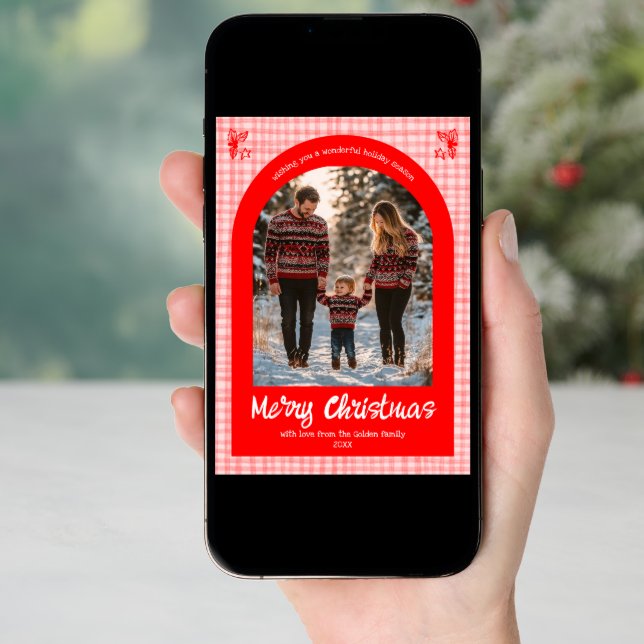 Gingham Pink Red Christmas Custom Arch 5 Photo  Holiday Card (Front Digital)