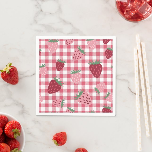 Gingham Pink & Red Strawberry Berry  Napkins (Insitu)