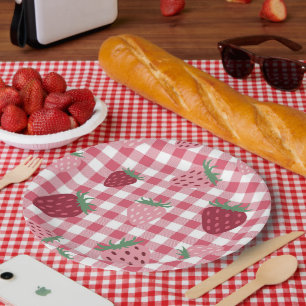 Gingham Pink & Red Strawberry Berry Paper Plates