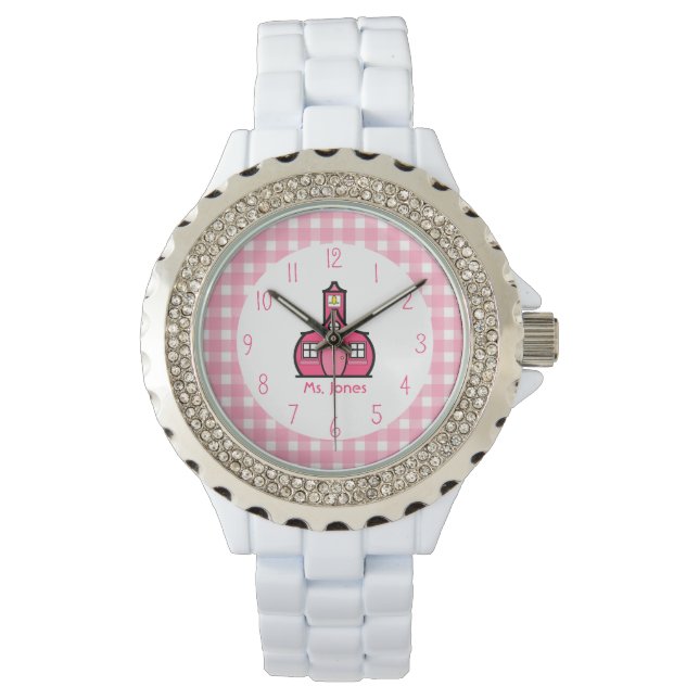 Gingham & Pink Schoolhouse Teacher Watch (Front)