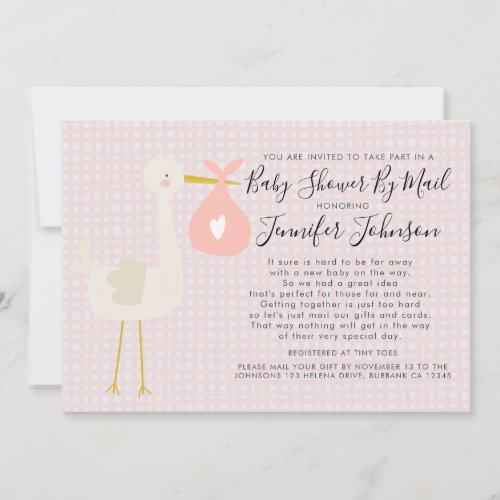 Gingham Pink Stork Distance Baby Shower By Mail Invitation