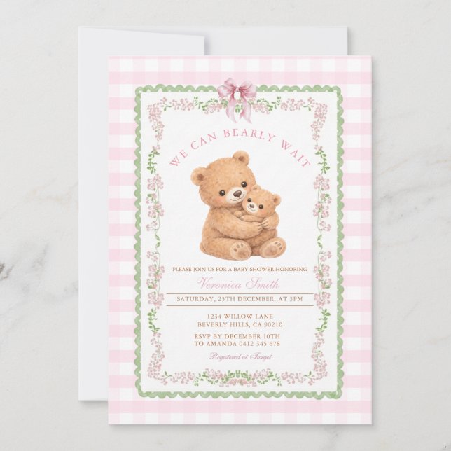 Gingham Pink We can bearly wait Bear Baby Shower Invitation (Front)