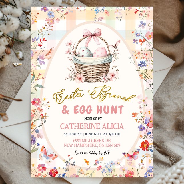 Gingham Pink Wildflower Easter Egg Hunt and Brunch Invitation (Creator Uploaded)
