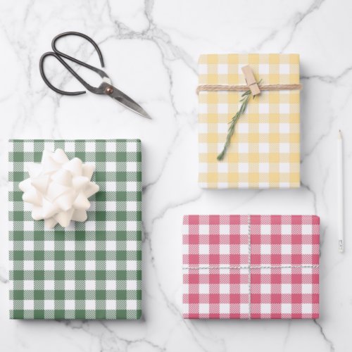 Gingham plaid 3 colors wrapping paper sheets