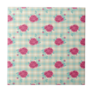 gingham plaid and hot pink chic roses pattern tile