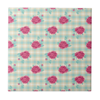 gingham plaid and hot pink chic roses pattern tile