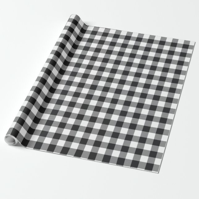 Gingham Plaid Black White Rustic Modern Wrapping Paper (Unrolled)
