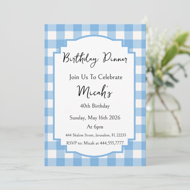 Gingham Plaid Blue White Pattern, Simple Modern Invitation (Standing Front)
