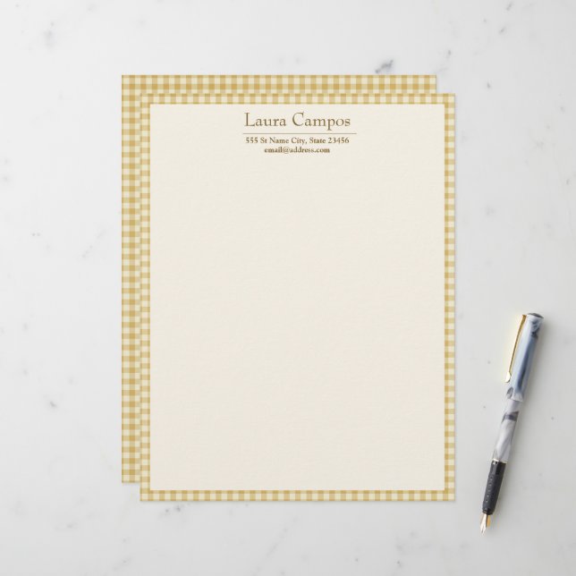 Gingham Plaid Elegant Farmhouse Yellow Personal Letterhead (Front/Back In Situ)