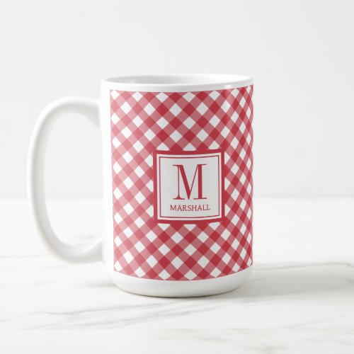 Gingham Plaid Red Monogram Name Birthday Coffee Mug