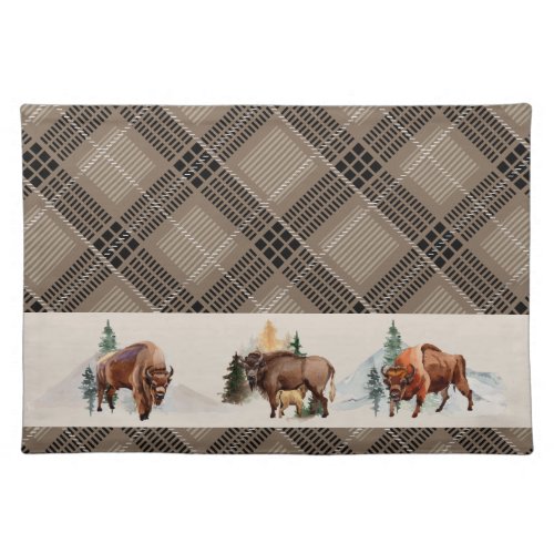 Gingham Plaid Watercolor Bison Buffalo Rustic Cloth Placemat