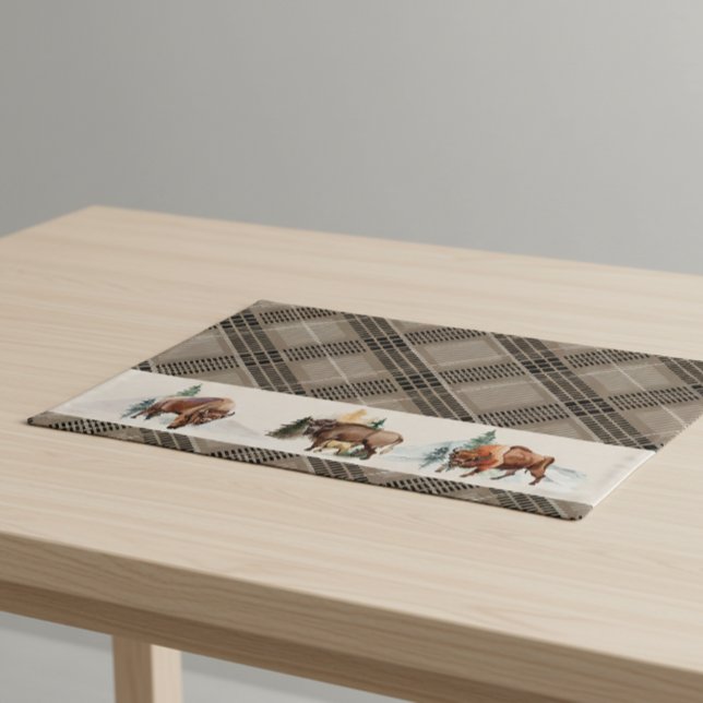 Gingham Plaid Watercolor Bison Buffalo Rustic Cloth Placemat (Creator Uploaded)