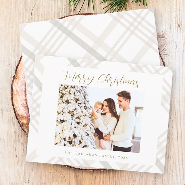 Gingham Plaid Watercolor Photo White Christmas Holiday Card (Creator Uploaded)