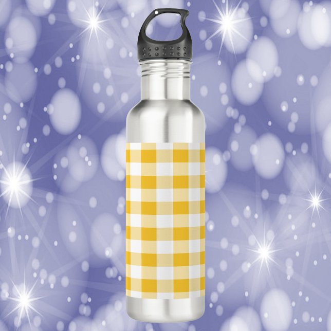 Gingham Plaid Yellow and White Stainless Steel Water Bottle (A water bottle with a yellow and white gingham pattern)