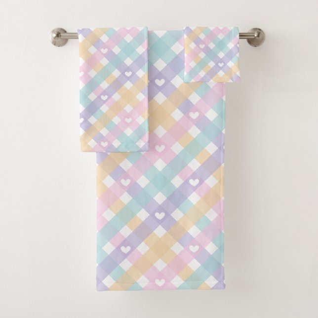 Gingham Plaids Hearts Pastel Colors Bath Towel Set (Insitu)