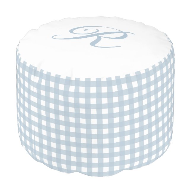 Gingham preppy classic Script Initial dusty blue Pouf (Angled Back)