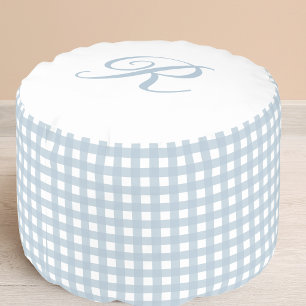 Gingham preppy classic Script Initial dusty blue Pouf