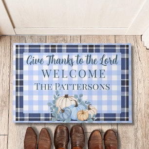 Gingham Psalm 136:3 Give Thanks to the Lord Fall Doormat