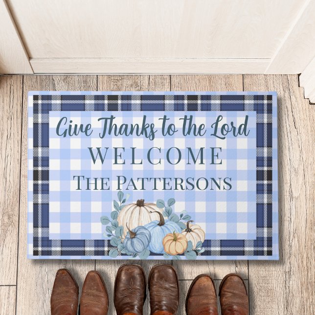 Gingham Psalm 136:3 Give Thanks to the Lord Fall Doormat (Creator Uploaded)