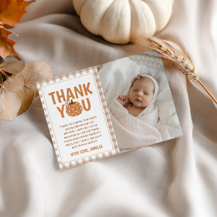 Gingham Pumpkin Photo Birthday Thank You Invitation