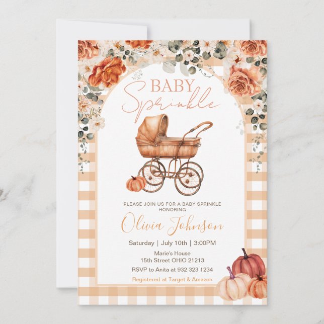Gingham Pumpkin Stroller Baby Sprinkle Baby Shower Invitation (Front)
