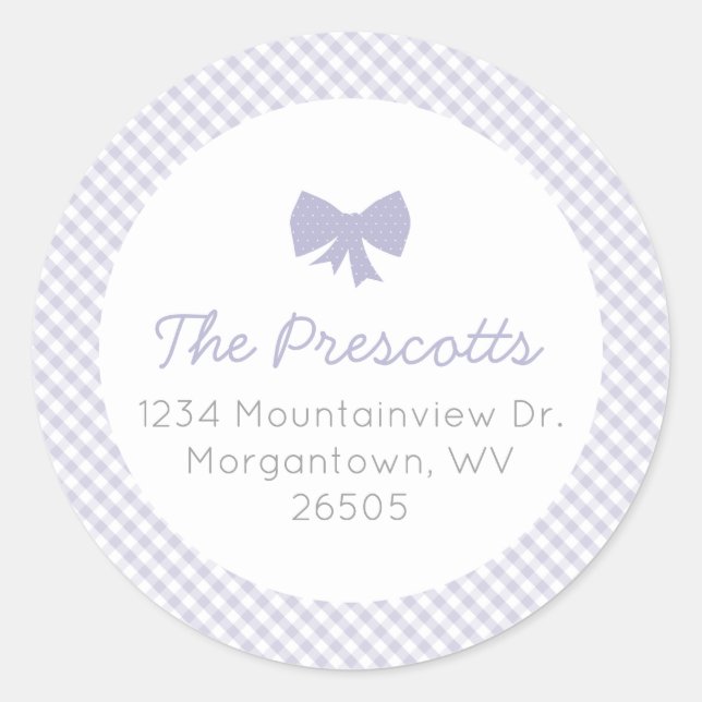 Gingham purple bow baby shower classic round sticker (Front)