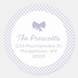 Gingham purple bow baby shower classic round sticker