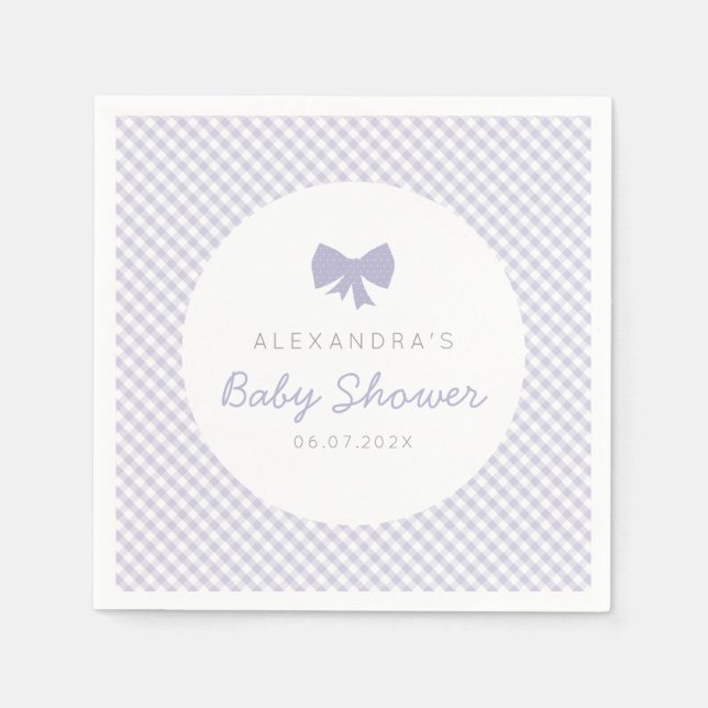 Gingham purple bow baby shower napkins (Front)