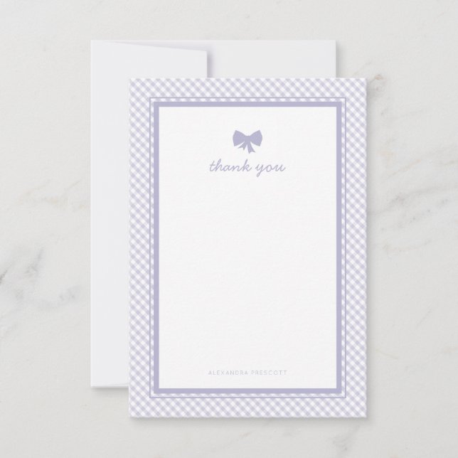 Gingham purple bow baby shower thank you card (Front)