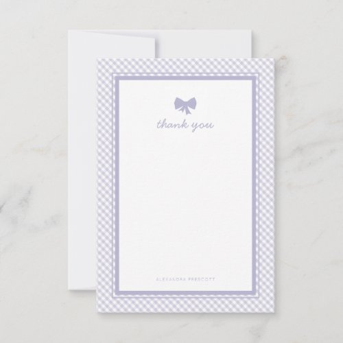 Gingham purple bow baby shower thank you card