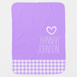 Gingham purple girls name white heart baby blanket