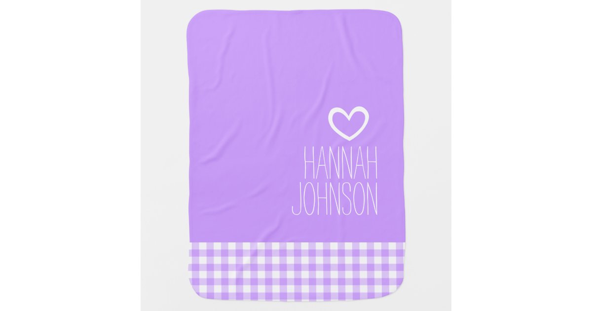 Gingham purple girls name white heart baby blanket | Zazzle