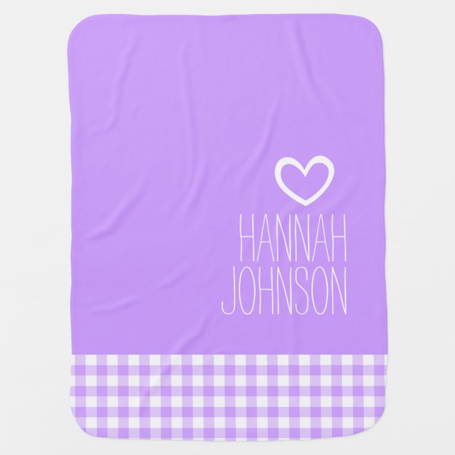 Gingham purple girls name white heart baby blanket (Front)