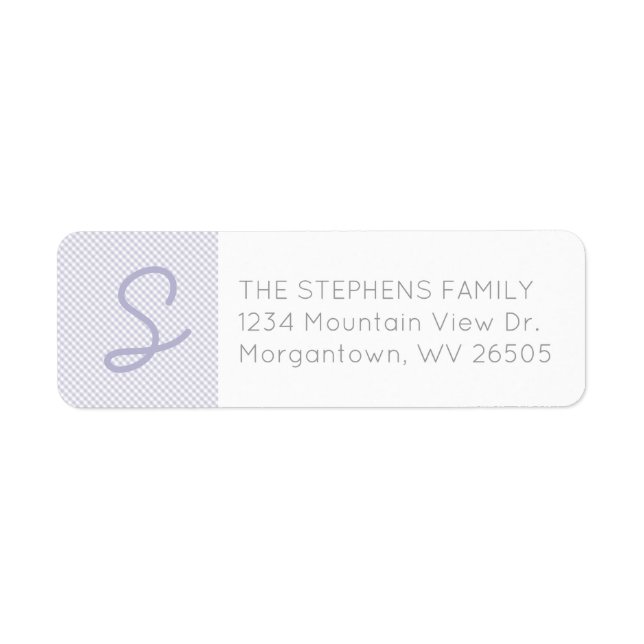 Gingham purple initial baby shower return address label (Front)