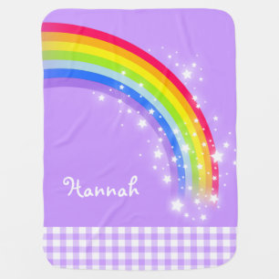 Gingham purple name rainbow stars baby blanket
