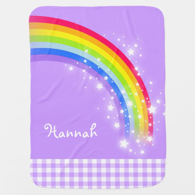 Gingham purple name rainbow stars baby blanket (Front)