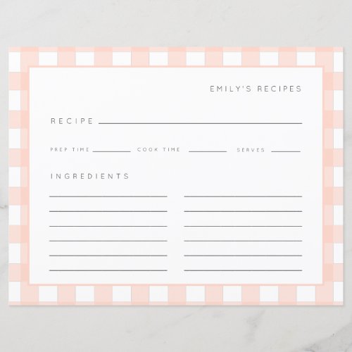 Gingham Recipes Blush Pink Check Cute Recipe Card