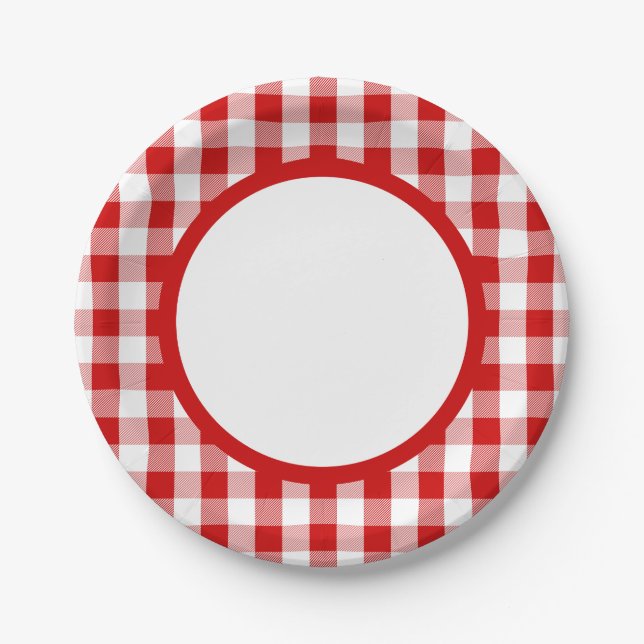 Gingham Red And White Checks Plaid Party, Wedding Paper Plates (Front)