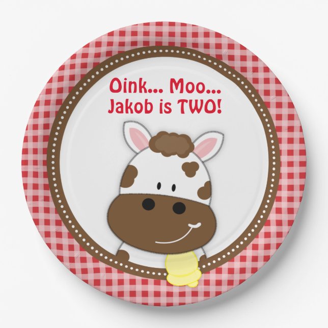 Gingham Red Barnyard Birthday Plates, Farm Cow Paper Plates (Front)