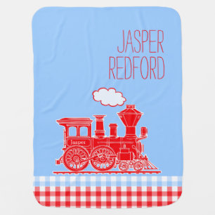 Gingham red blue boys name train baby blanket