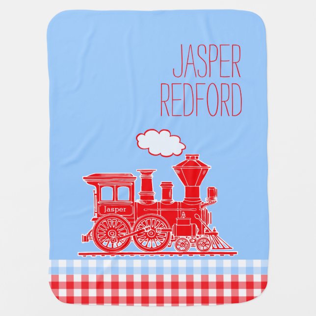 Gingham red blue boys name train baby blanket (Front)